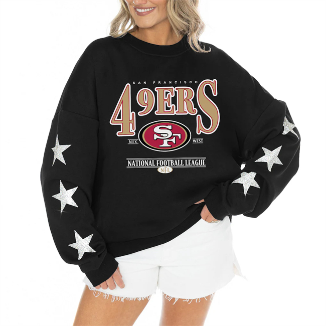Women's San Francisco 49ers Gameday Couture Black Rhinestone Star Sleeve Settle the Score Oversized Tri-Blend Pullover(Run Small)